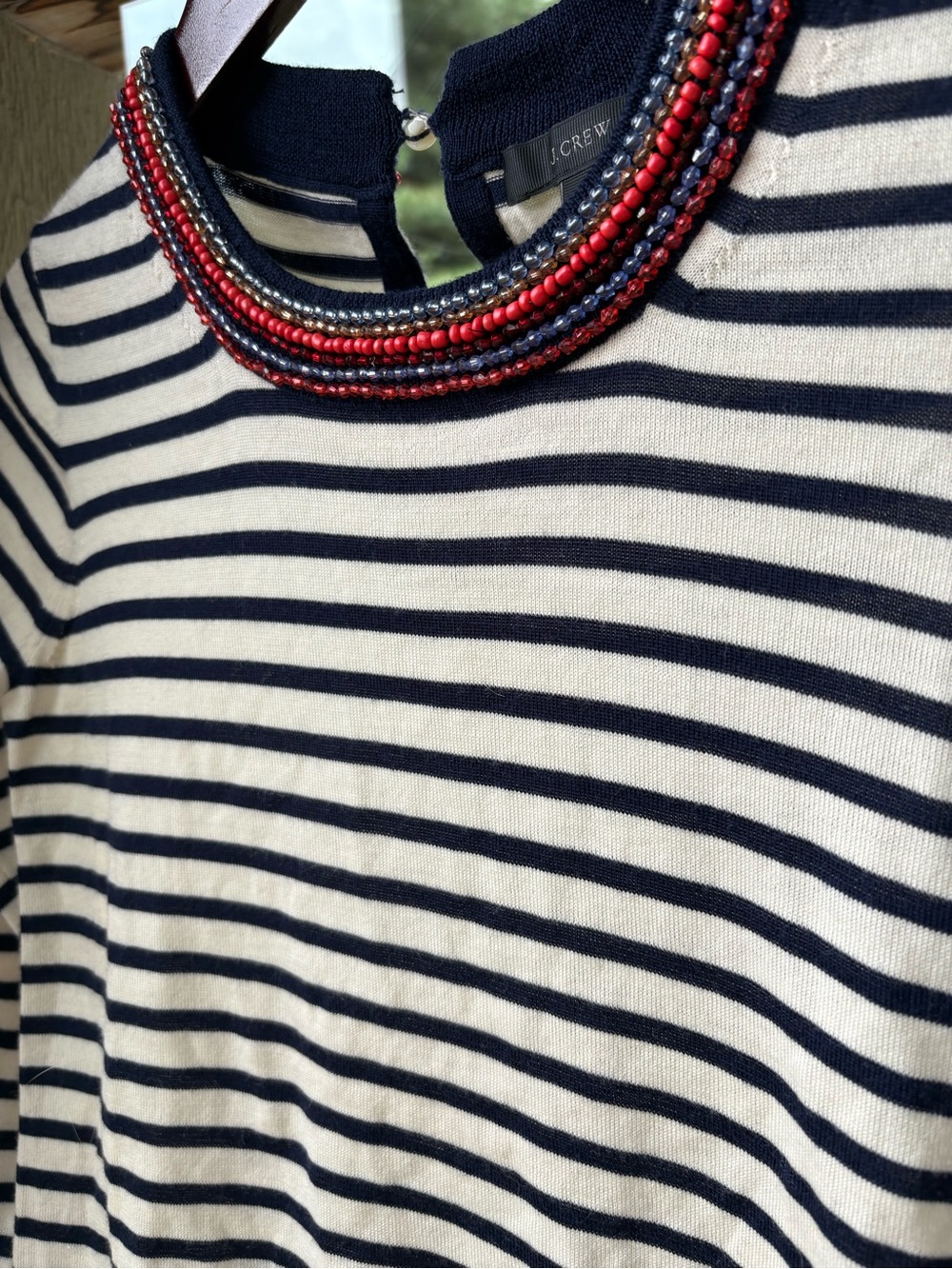 J. Crew Navy and White Striped Sweater Beaded Neckline Merino Wool XS